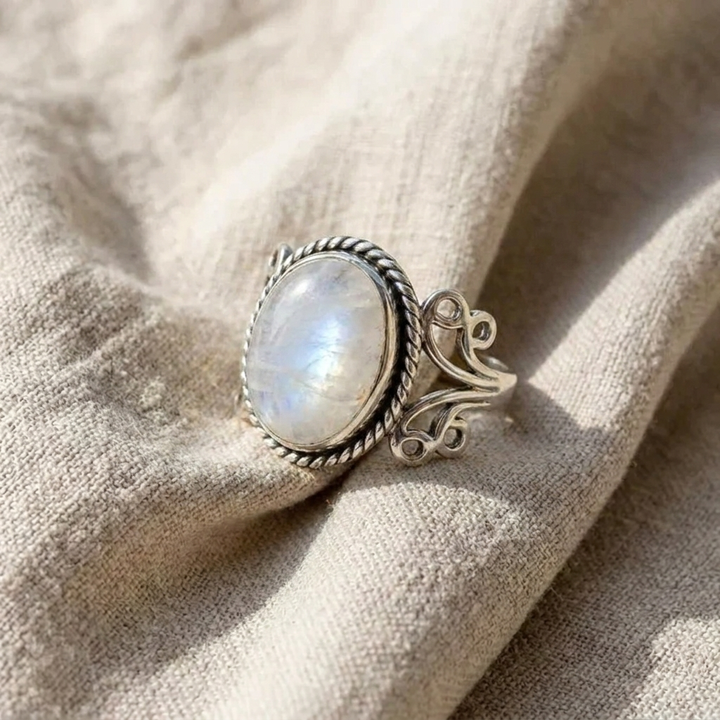 Oval Moonstone Ring with Swirl Band