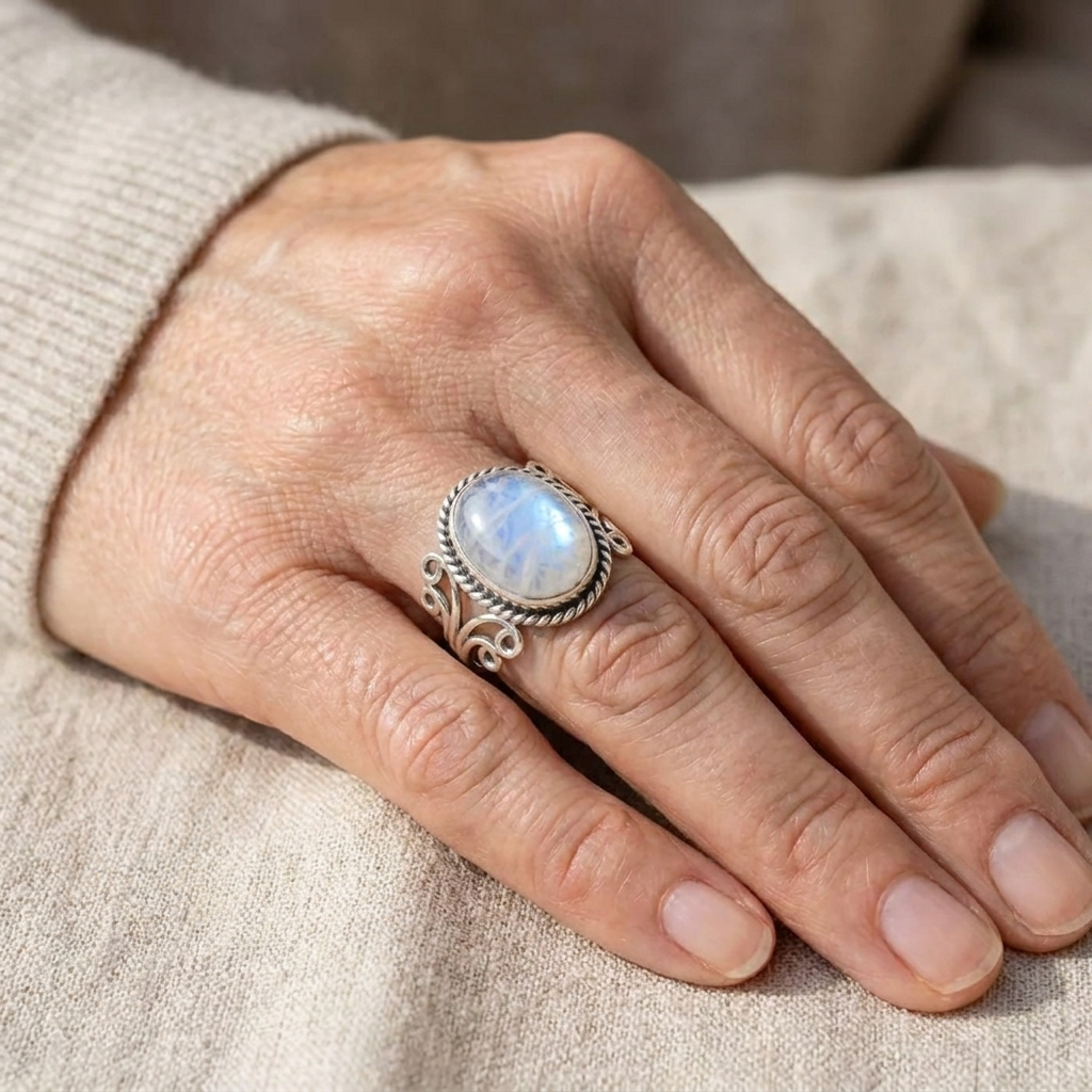 Oval Moonstone Ring with Swirl Band