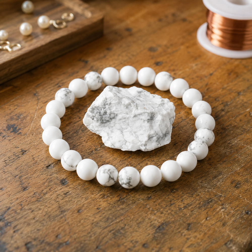Howlite bracelet on wrist for calm and stress relief