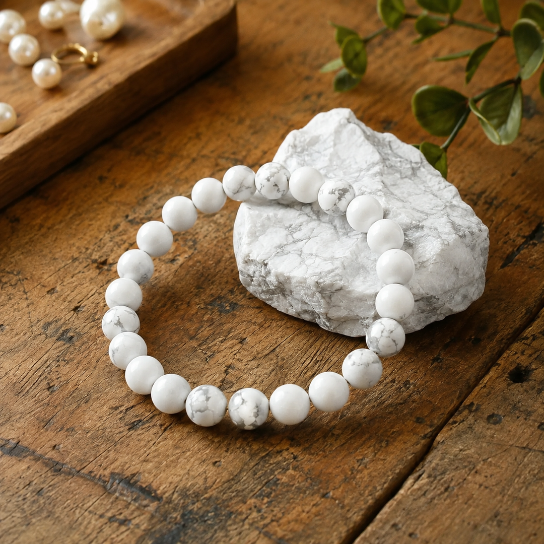 Close-up of natural white howlite gemstone healing beads