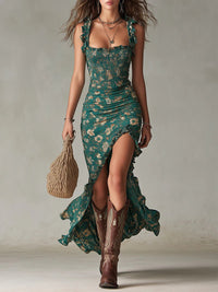 Favola™ - Boho Ruched Maxi Dress with Side Slit