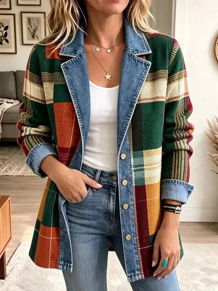 Ella | Vintage Plaid Design Casual Denim Jacket