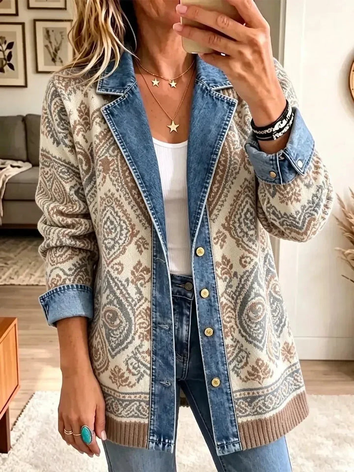 Amelia | Vintage-Inspired Ethnic Patchwork Denim Jacket