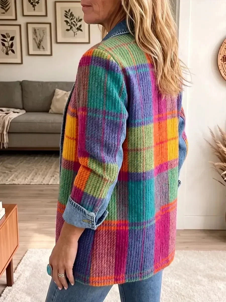 Emma | Vintage-Style Elegant Denim and Plaid Patchwork Jacket
