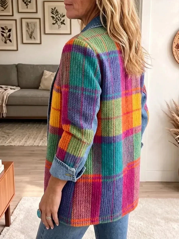 Emma | Vintage-Style Elegant Denim and Plaid Patchwork Jacket