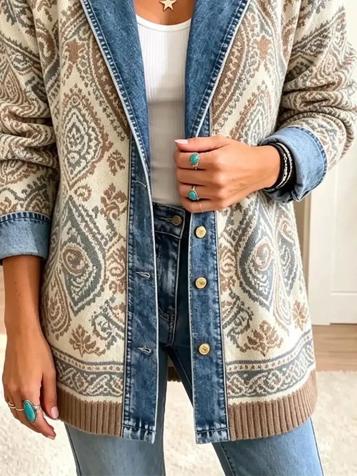 Amelia | Vintage-Inspired Ethnic Patchwork Denim Jacket