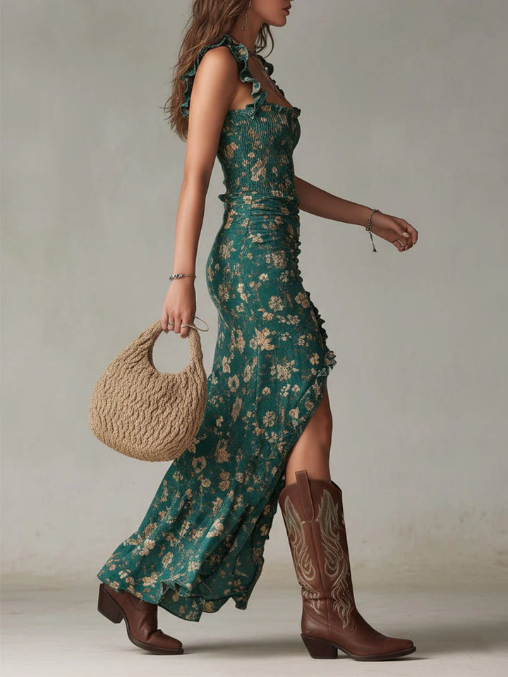 Zara | Boho Floral Ruched Maxi Dress with Side Slit