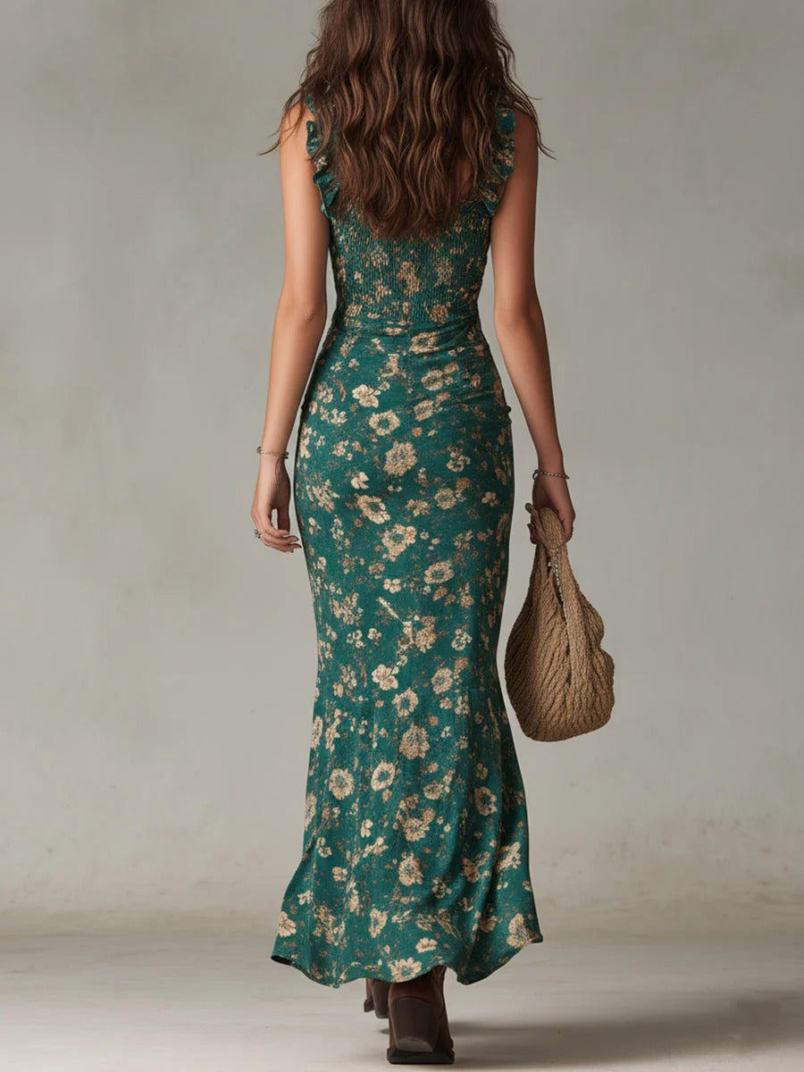 Zara | Boho Floral Ruched Maxi Dress with Side Slit