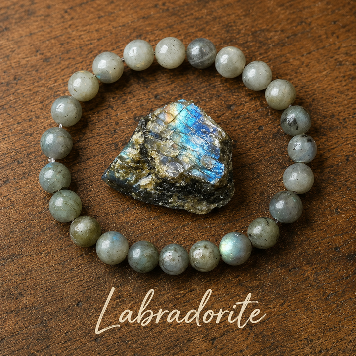 Genuine natural labradorite healing bracelet - flashing grey crystal beaded stretch bracelet