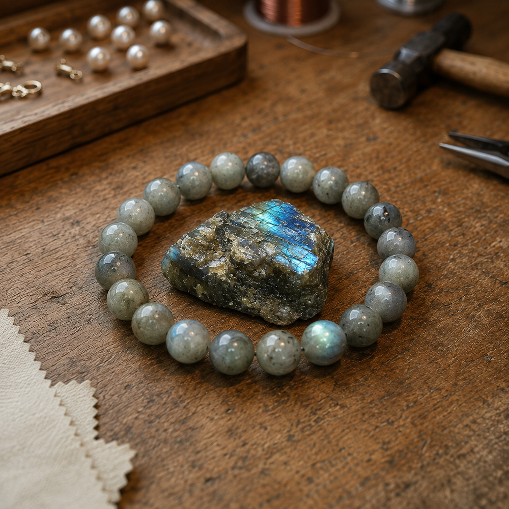 Labradorite bracelet on wrist for intuition and protection