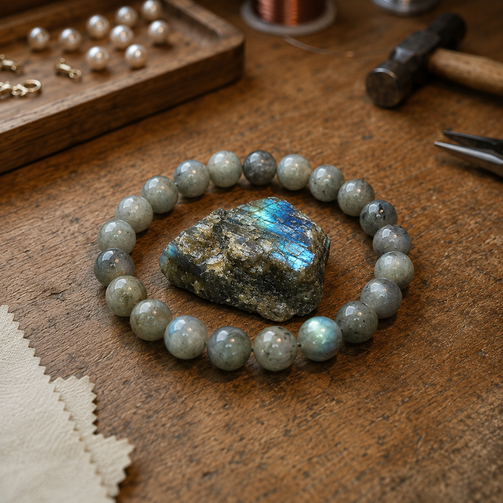 Labradorite bracelet on wrist for intuition and protection
