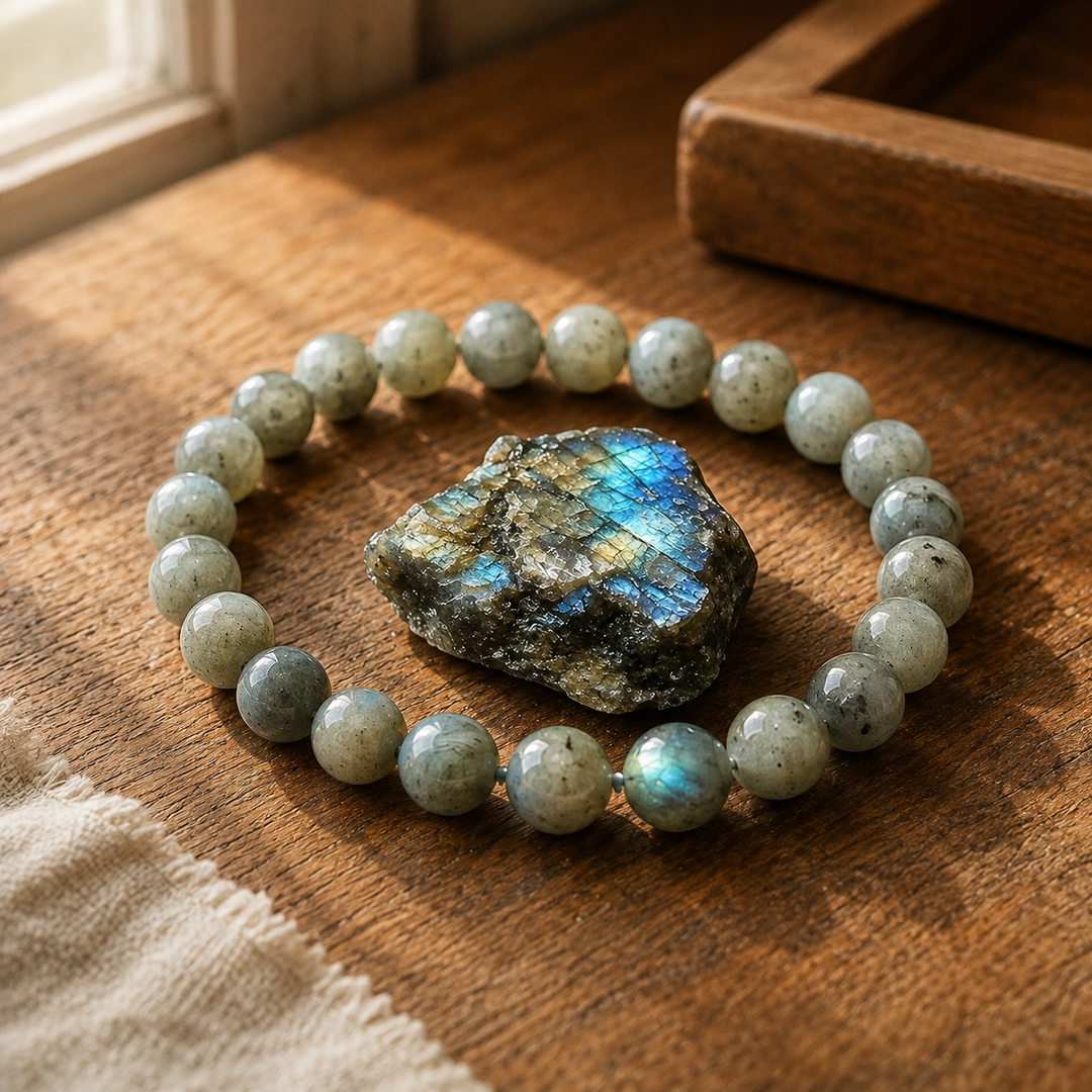 Close-up of natural labradorite gemstone healing beads with blue flash