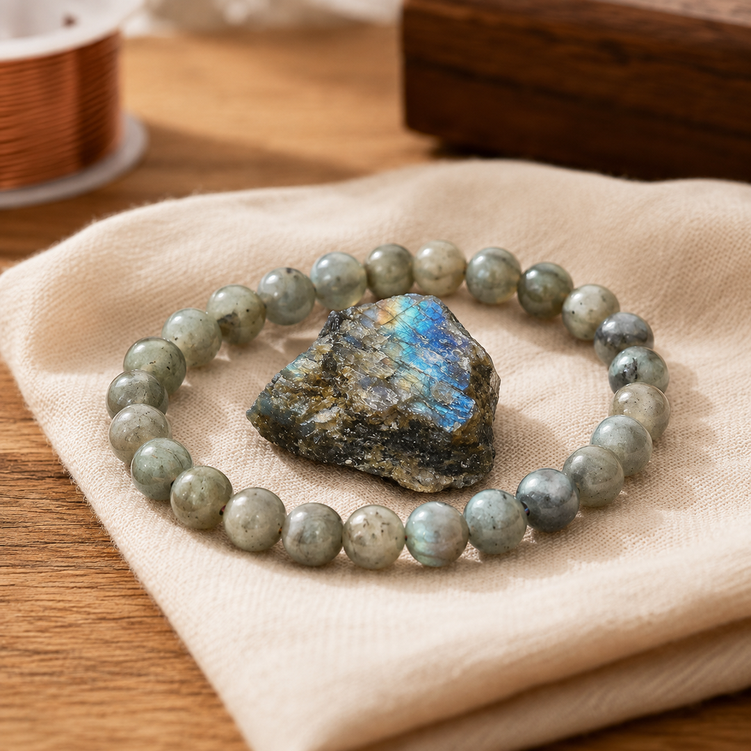 Labradorite bracelet stacked as a complete healing crystal set