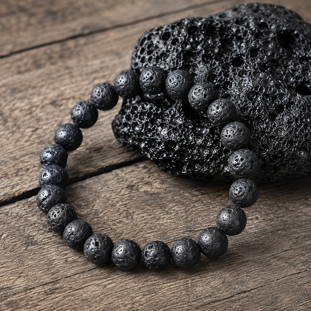 Lava stone bracelet on wrist for grounding and strength