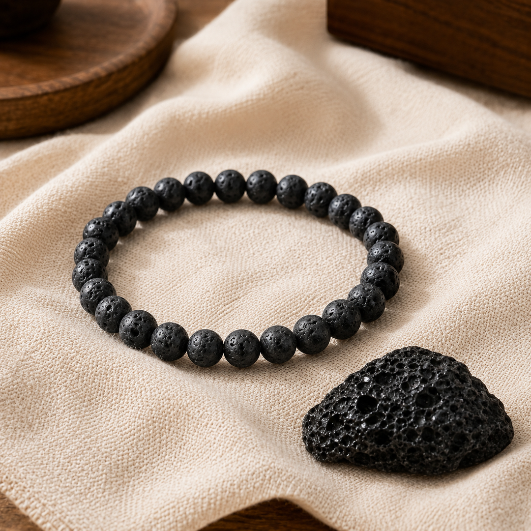 Lava stone bracelet stacked as a complete healing crystal set