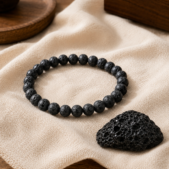 Lava stone bracelet stacked as a complete healing crystal set