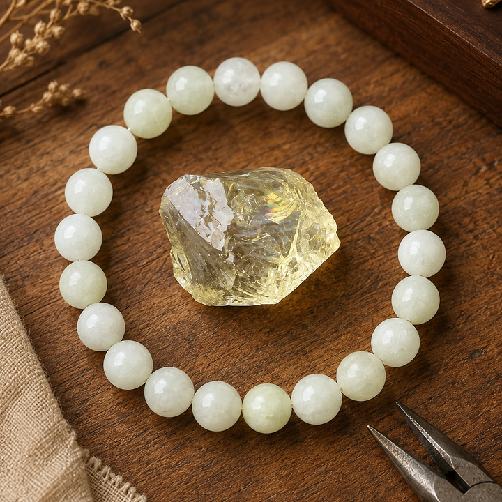 Close-up of natural yellow lemon quartz gemstone healing beads