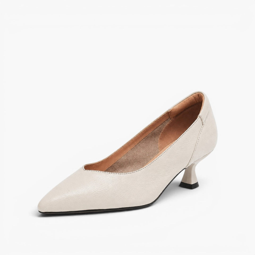 Onyx Black leather kitten-heel pumps, angled studio shot
