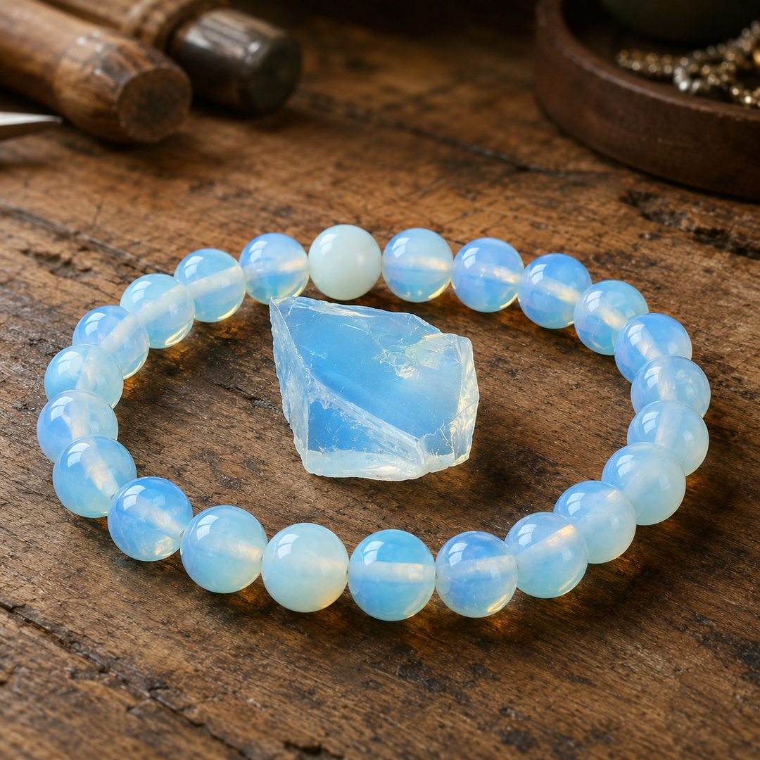 Pink opal bracelet on wrist for calm and emotional healing