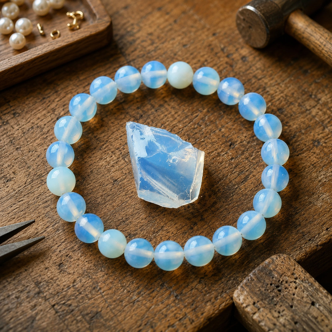Close-up of natural pink opal gemstone healing beads