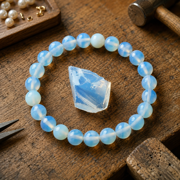 Close-up of natural pink opal gemstone healing beads