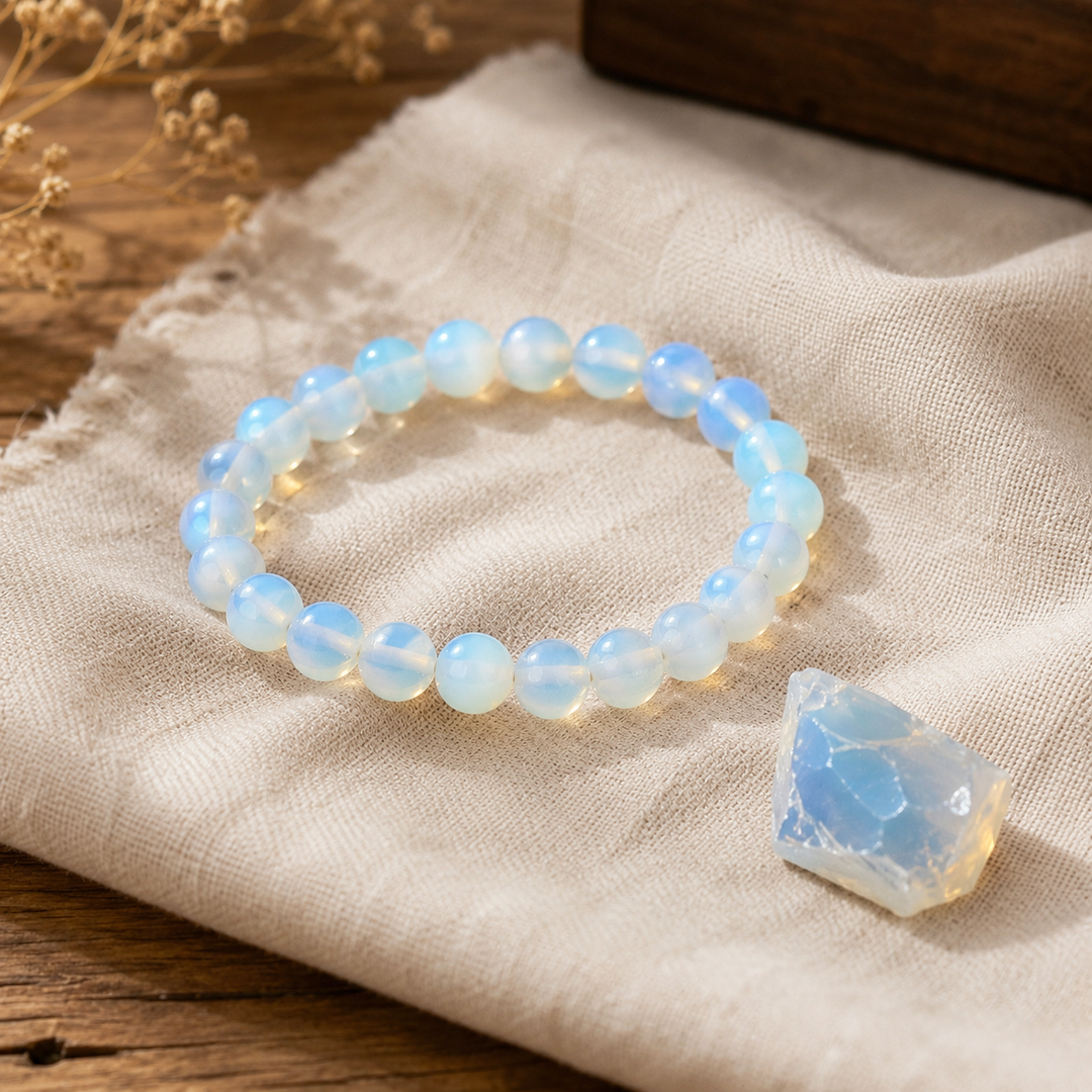 Pink opal bracelet stacked as a complete healing crystal set