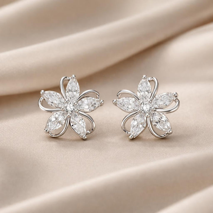 White Gold Petal Stud Earrings with Inlaid Cubic Zirconia