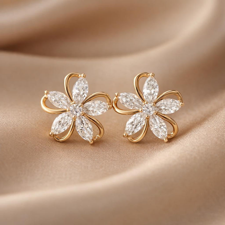White Gold Petal Stud Earrings with Inlaid Cubic Zirconia