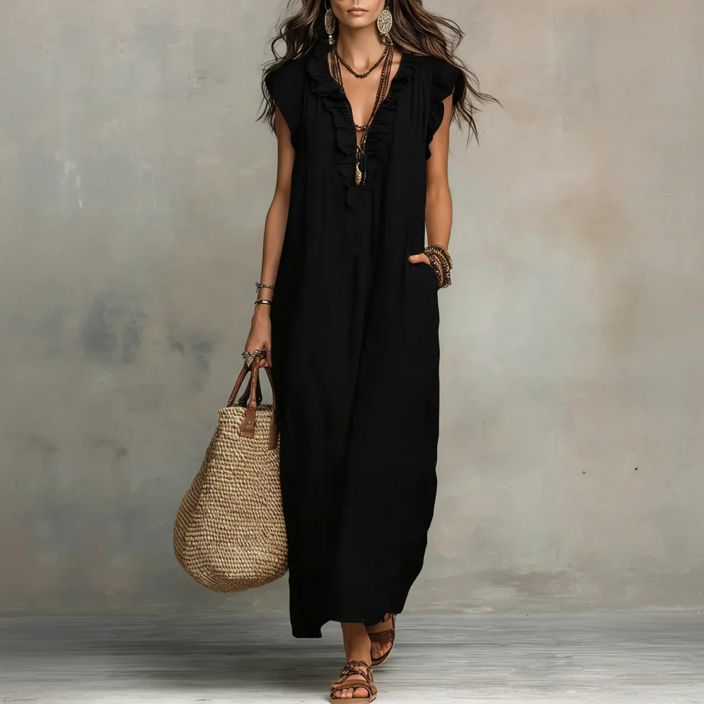 Corsica™ - Bohemian Maxi Dress in Linen-Cotton Blend