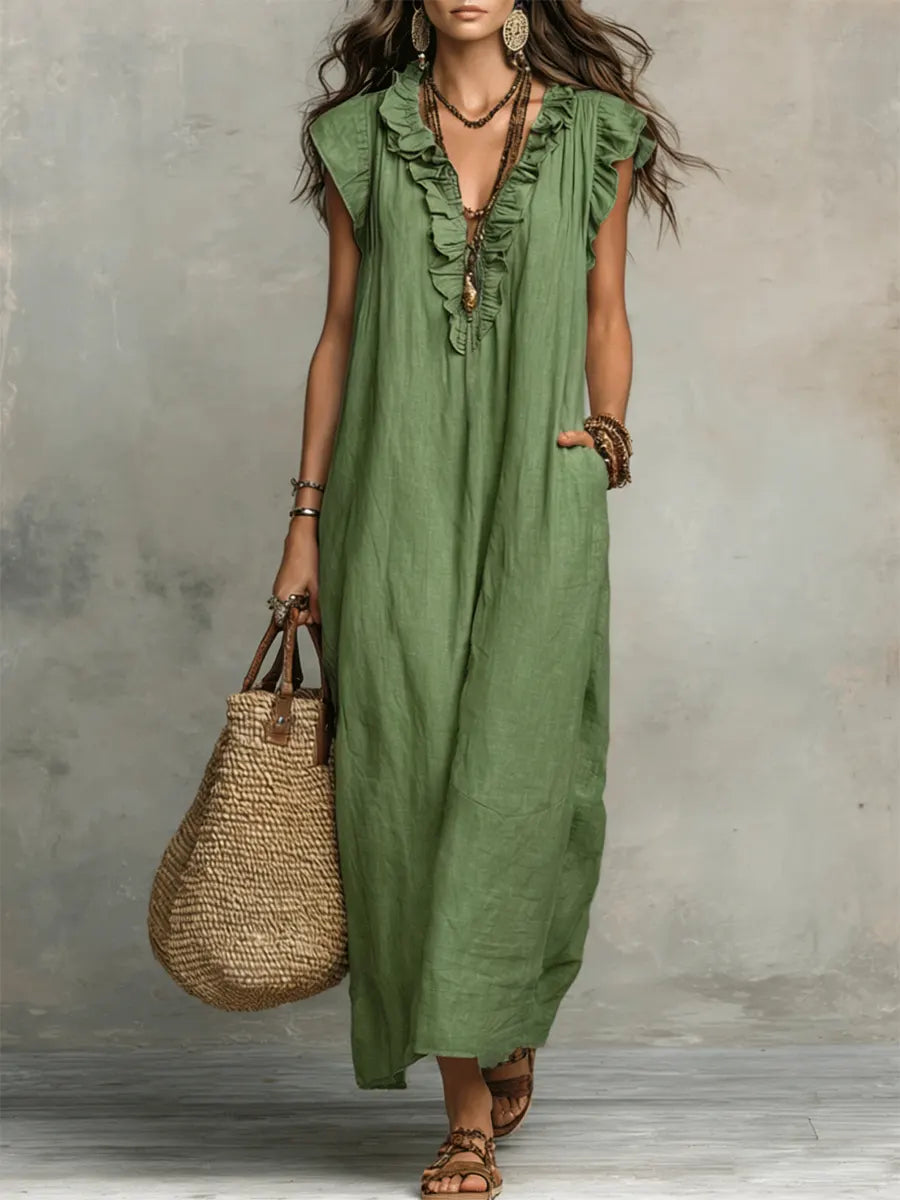 Corsica™ - Bohemian Maxi Dress in Linen-Cotton Blend