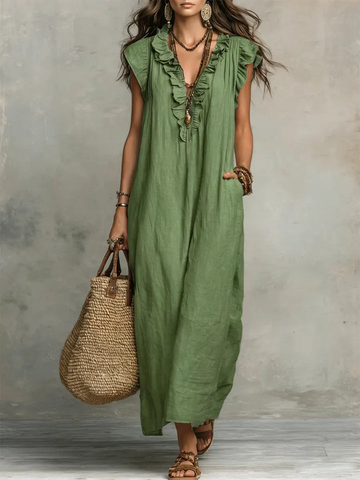 Corsica™ - Bohemian Maxi Dress in Linen-Cotton Blend