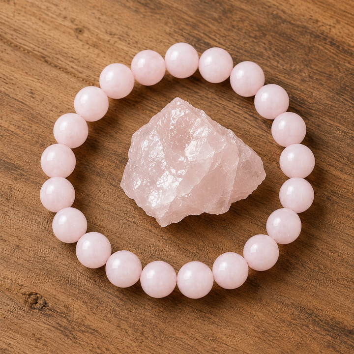 Close-up of pink crystal healing beads