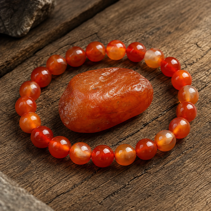 Red agate bracelet on wrist for courage and strength
