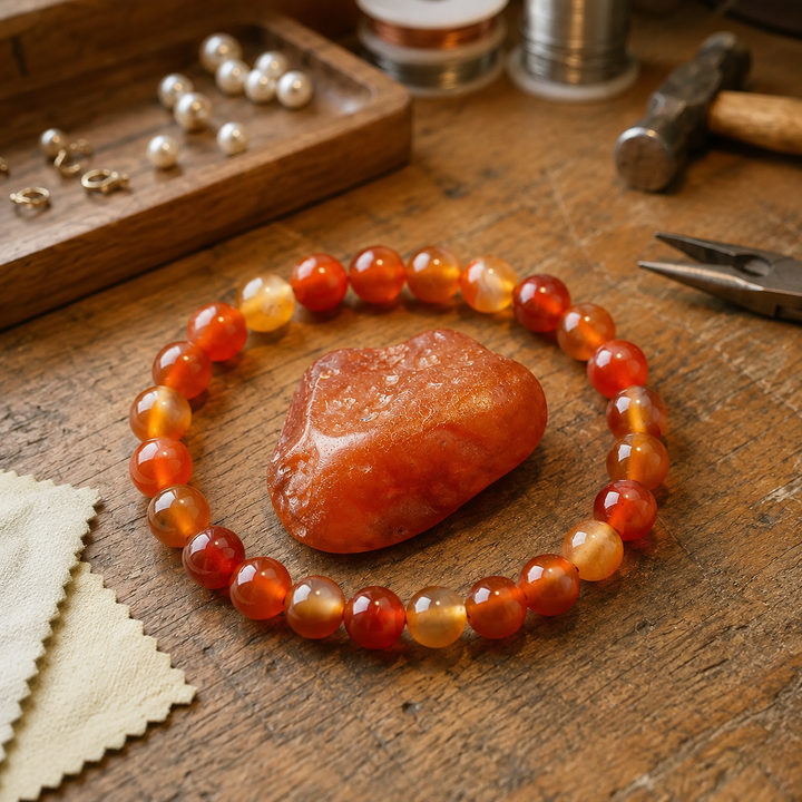 Close-up of natural red agate gemstone healing beads