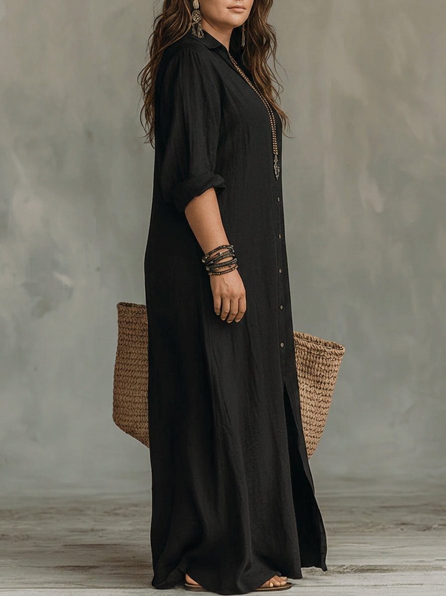 Alessora™ - Button-Down Black Fitted Maxi Dress