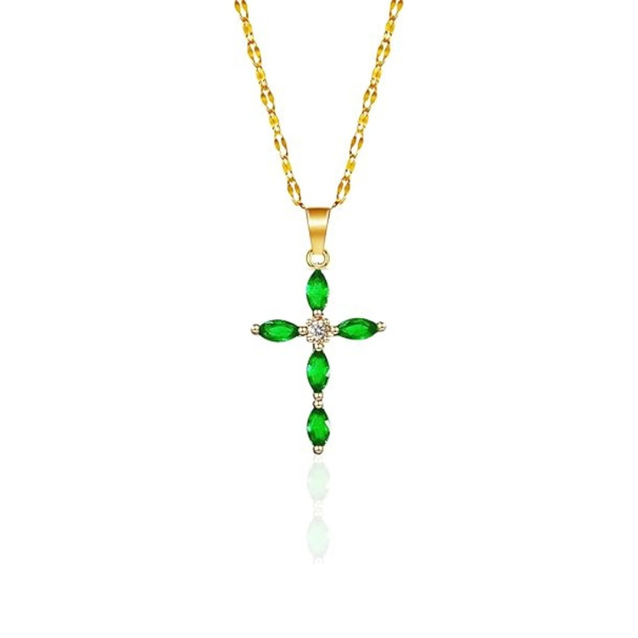 Bea™ - Gold Necklace with Emerald Cross Pendant