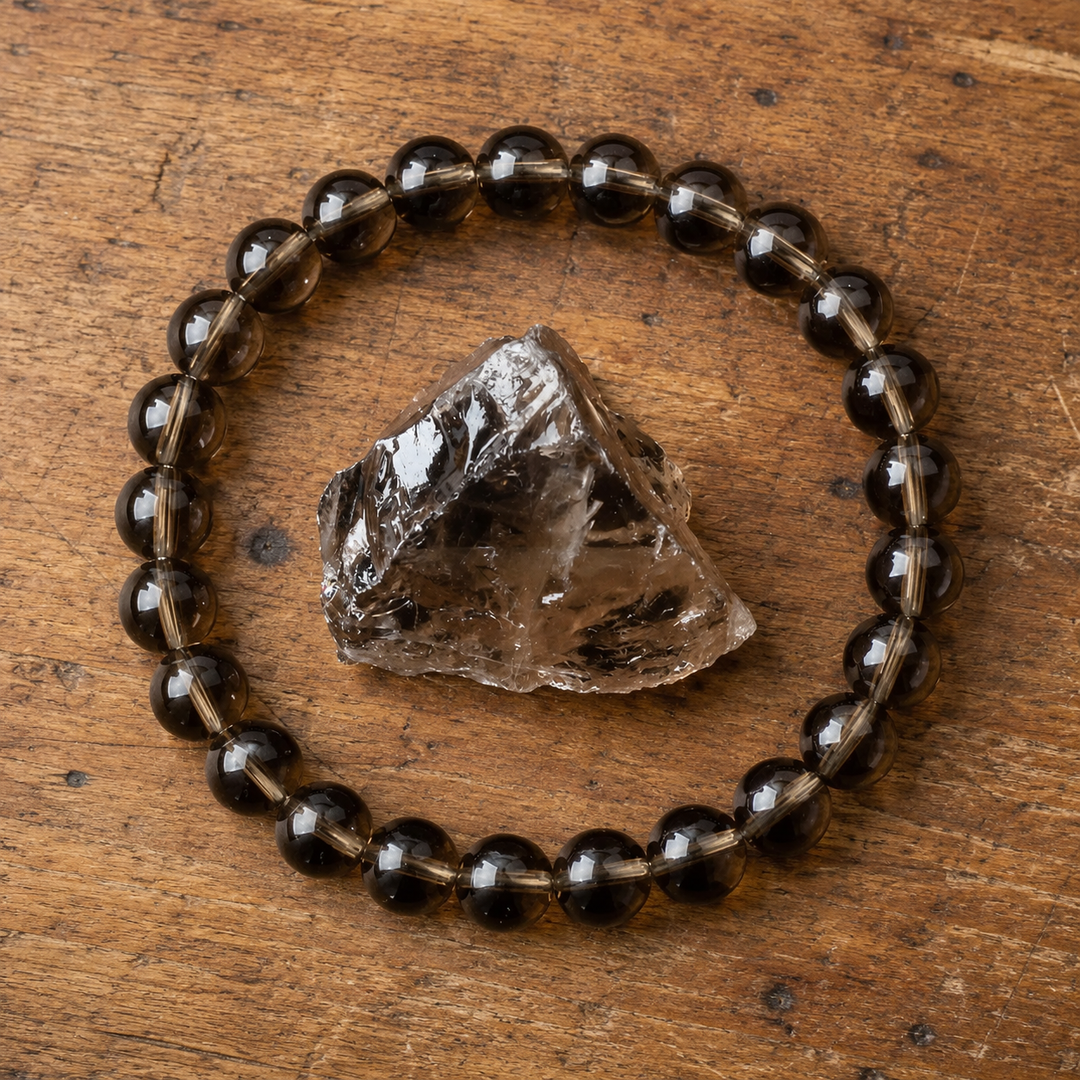 Close-up of natural smoky quartz tea crystal healing beads