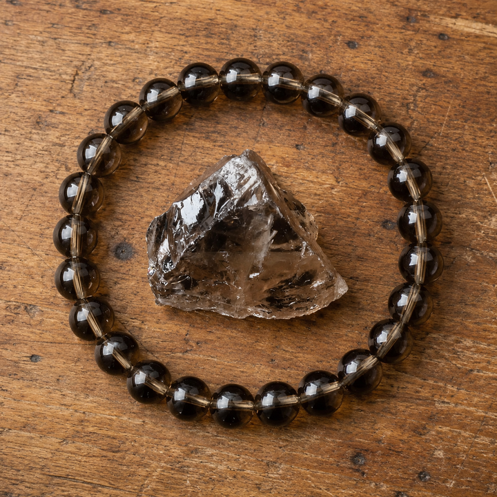 Close-up of natural smoky quartz tea crystal healing beads