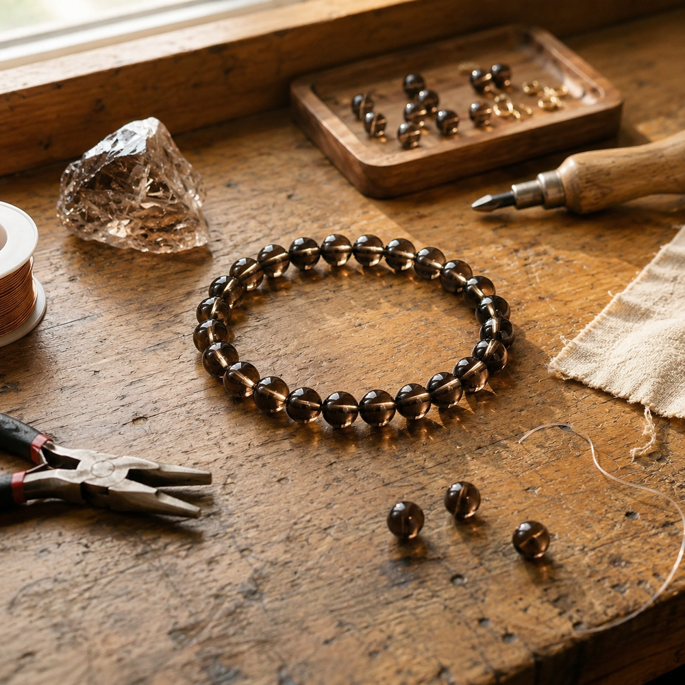 Smoky quartz bracelet on wrist for calm and stress relief