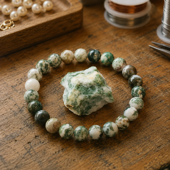 Close-up of natural tree agate gemstone healing beads