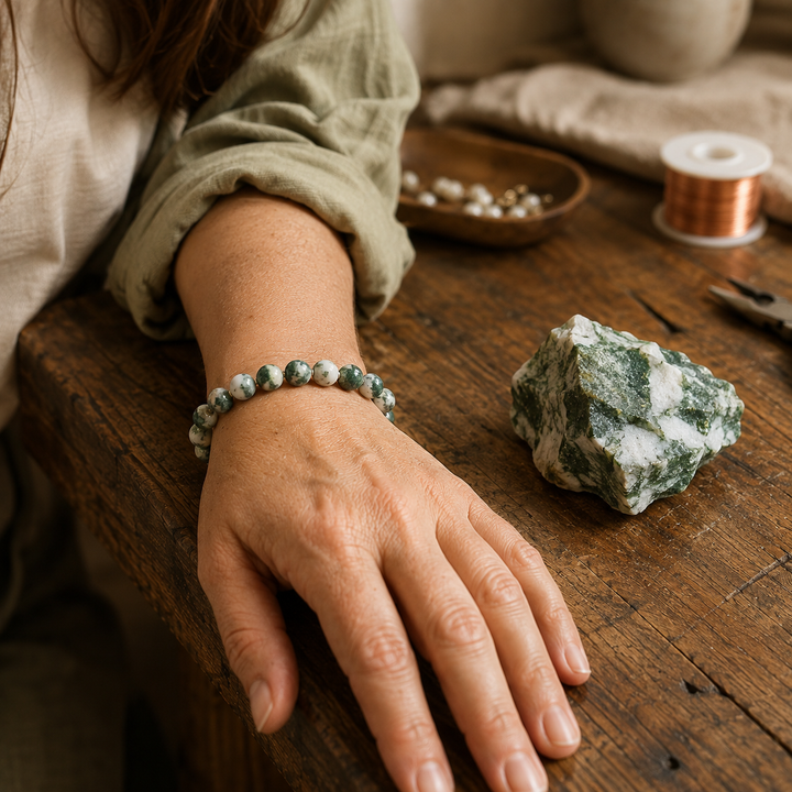 Tree agate beaded bracelet - growth healing crystal jewelry
