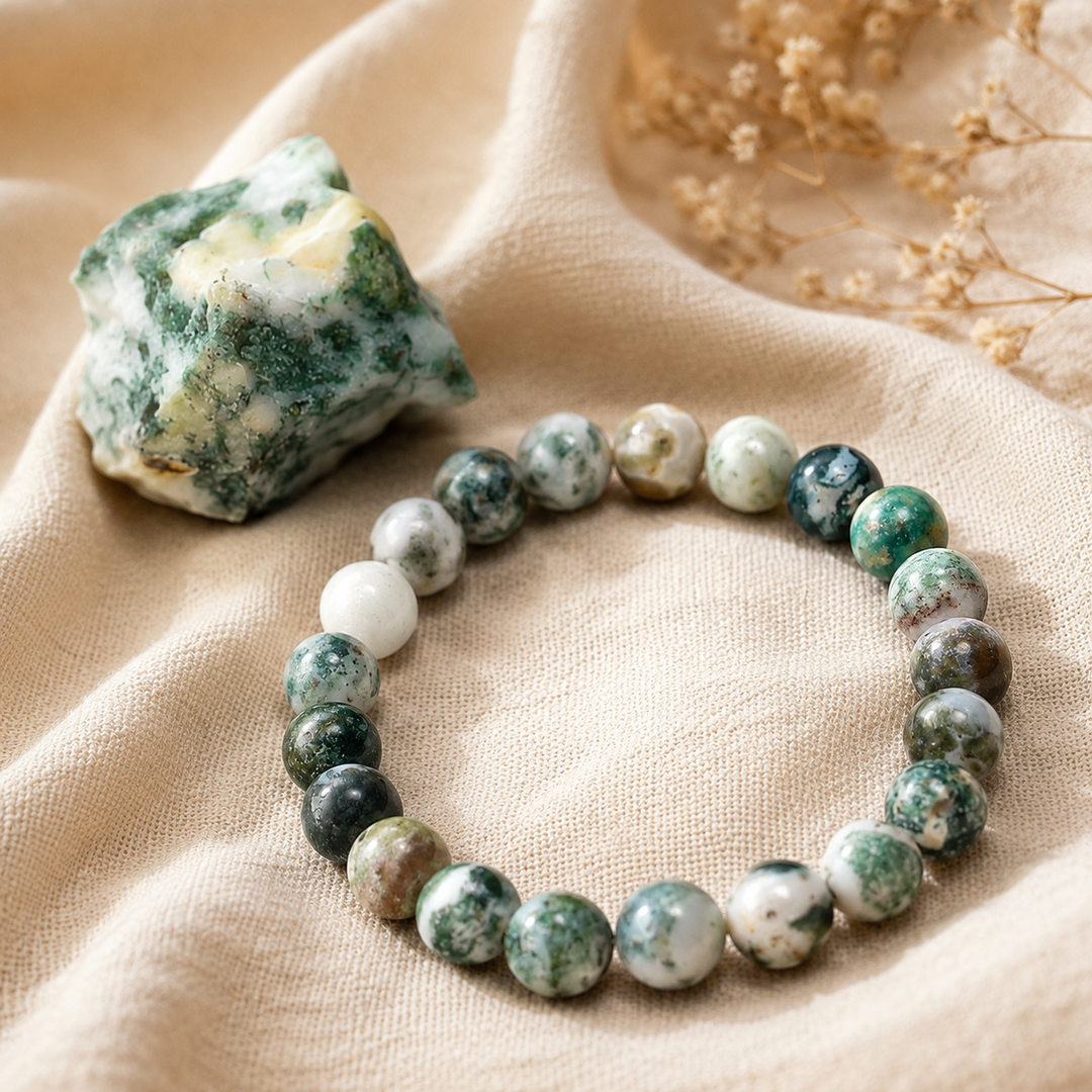 Tree agate bracelet stacked as a complete healing crystal set