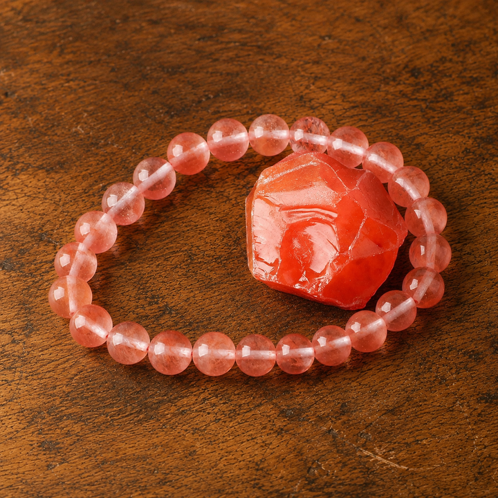 Close-up of pink and green watermelon tourmaline healing beads