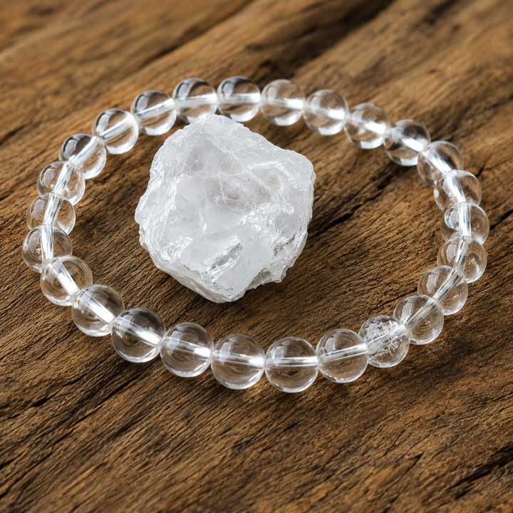 Clear quartz bracelet on wrist for clarity and positive energy