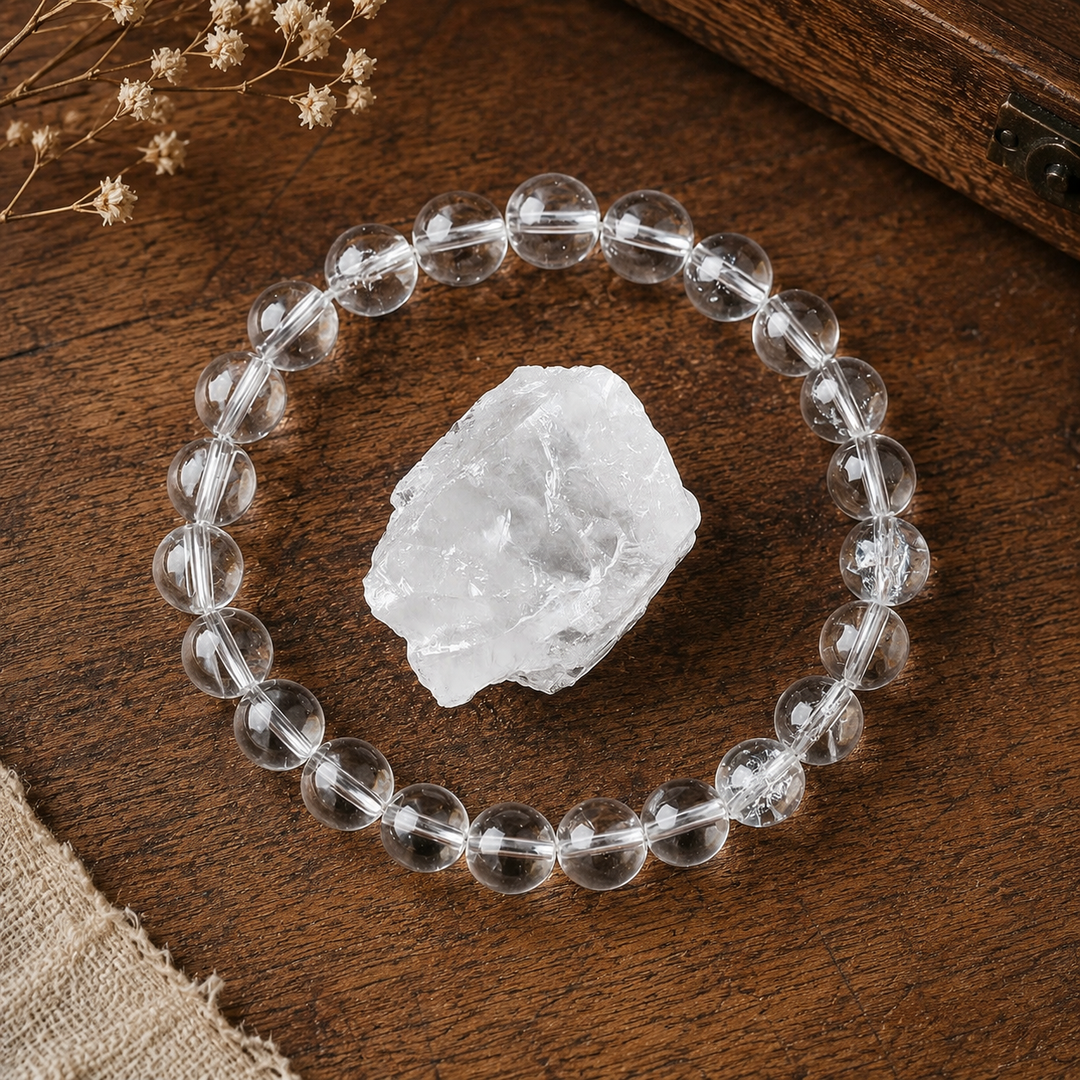 Close-up of natural clear quartz gemstone healing beads