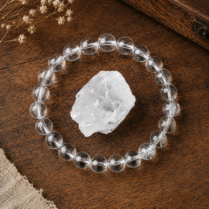 Close-up of natural clear quartz gemstone healing beads