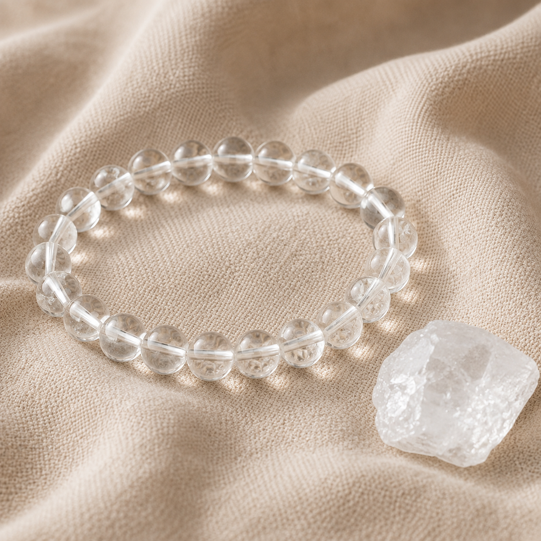 Clear quartz bracelet stacked as a complete healing crystal set