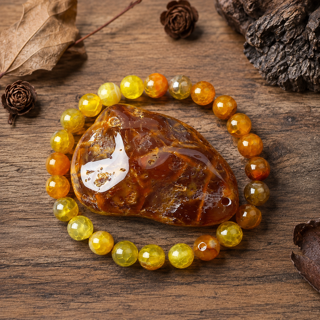Close-up of natural yellow agate gemstone healing beads