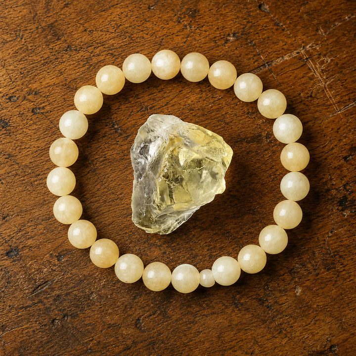 Close-up of natural golden citrine quartz healing beads
