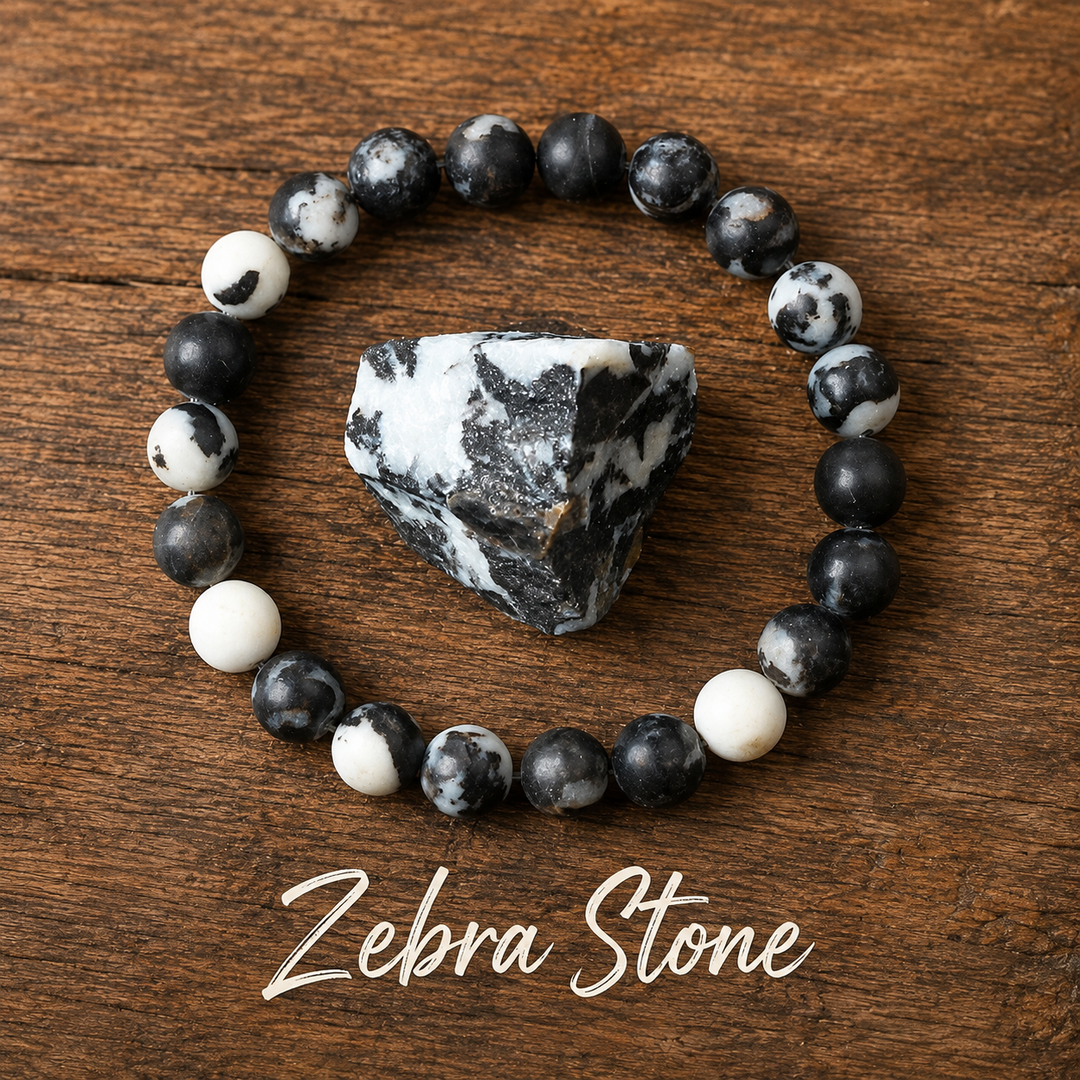 Genuine natural zebra jasper healing bracelet - black and white crystal beaded stretch bracelet